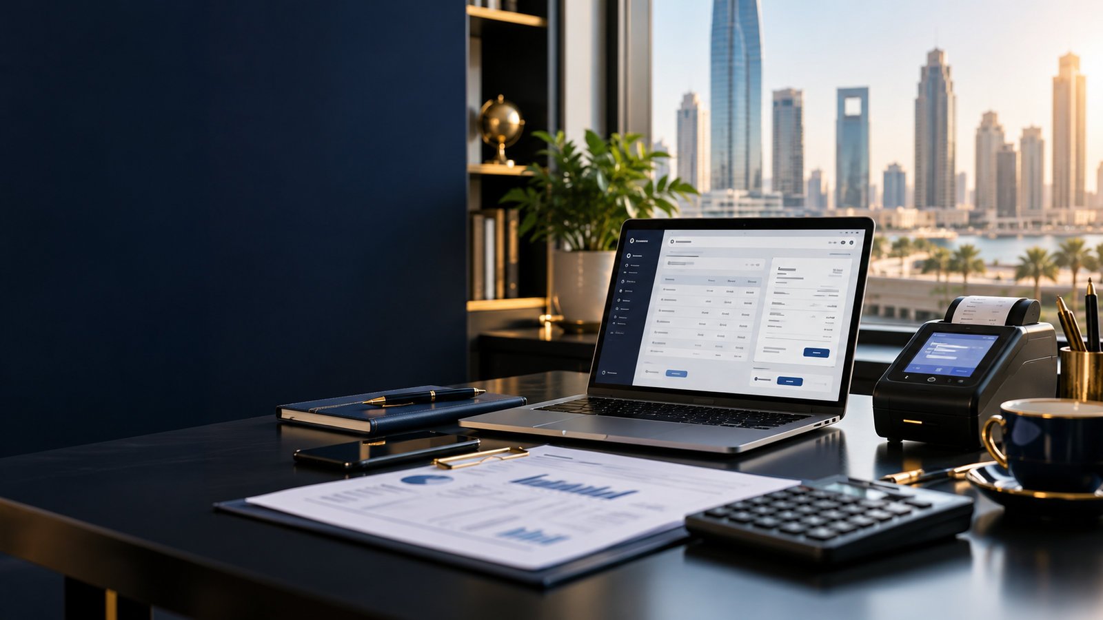 Illustrative UAE office with billing-software laptop, POS terminal and invoice paperwork