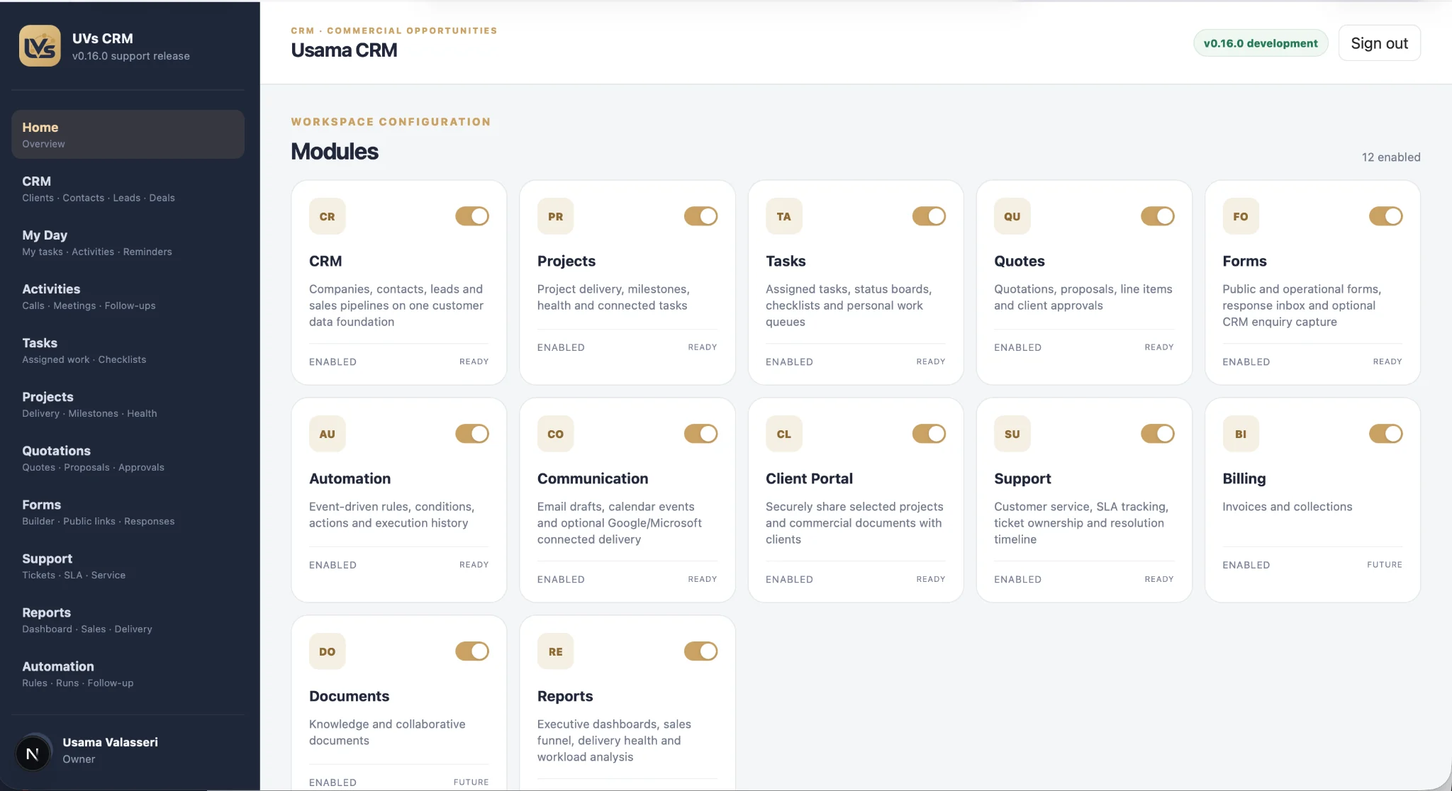 UVs CRM modular workspace showing CRM, projects, tasks, quotations, forms, automation, communication, client portal, support, billing, documents and reports