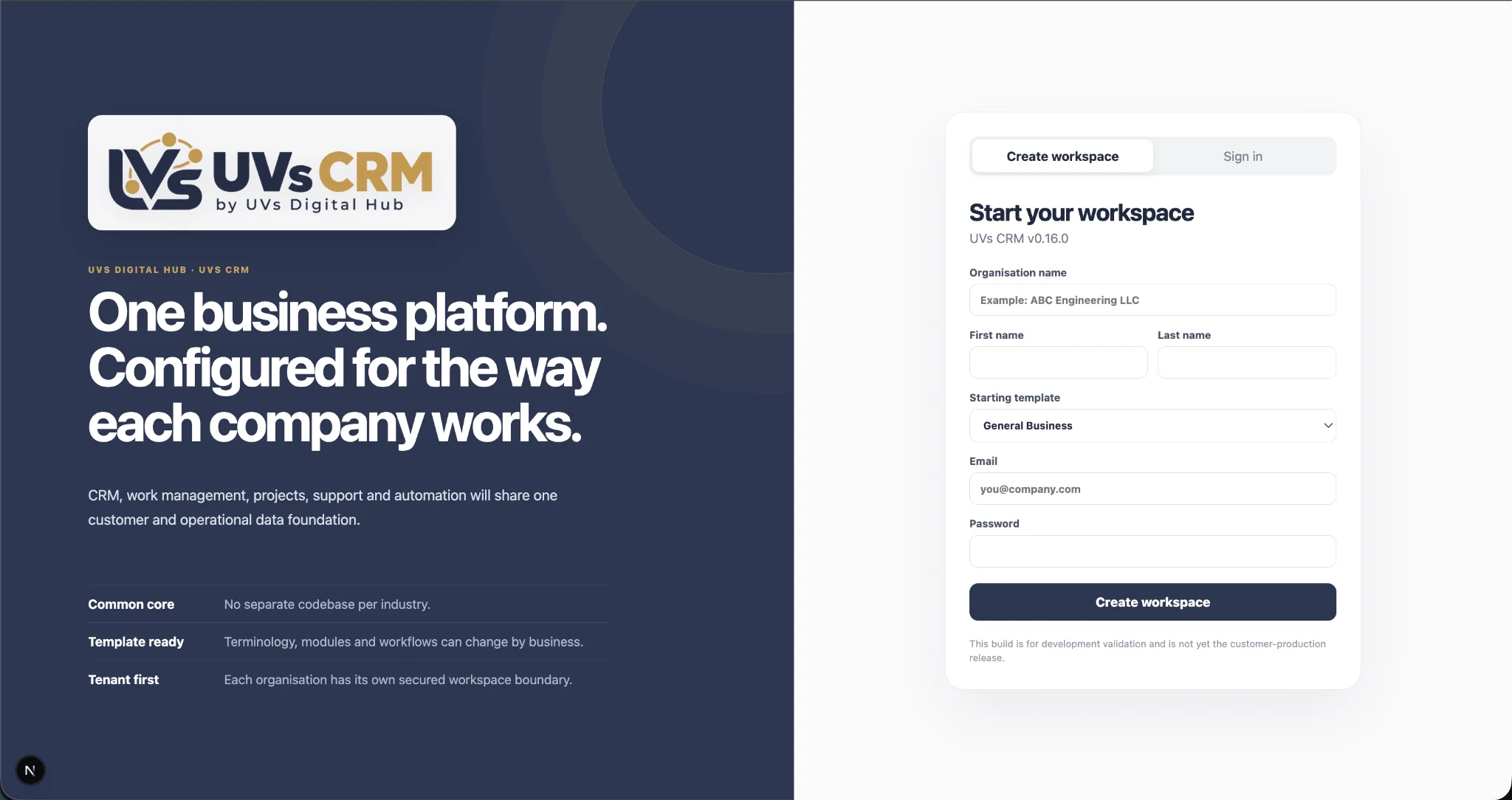 UVs CRM workspace onboarding interface