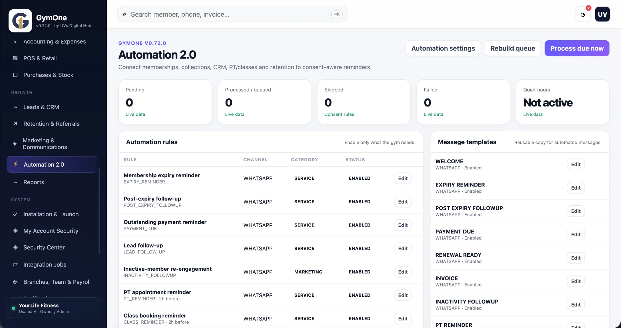 GymOne automation workspace with membership, payment, lead, inactivity and appointment reminder rules